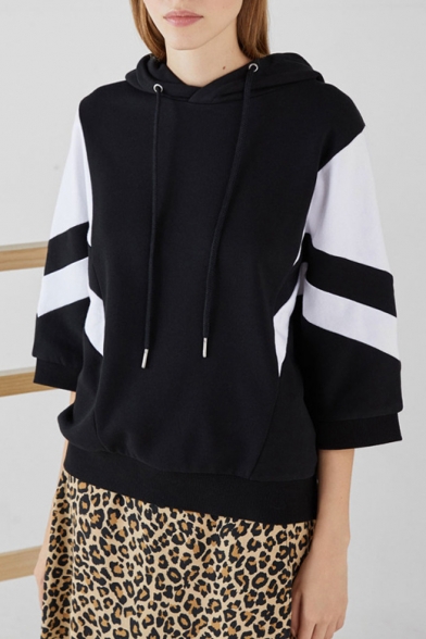 New Trendy Black and White Colorblock Two-Tone Relaxed Hoodie