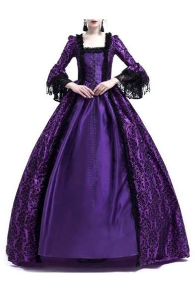Retro Flare Long Sleeve Square Neck Lace Patch Medieval Costume A-Line Maxi Dress
