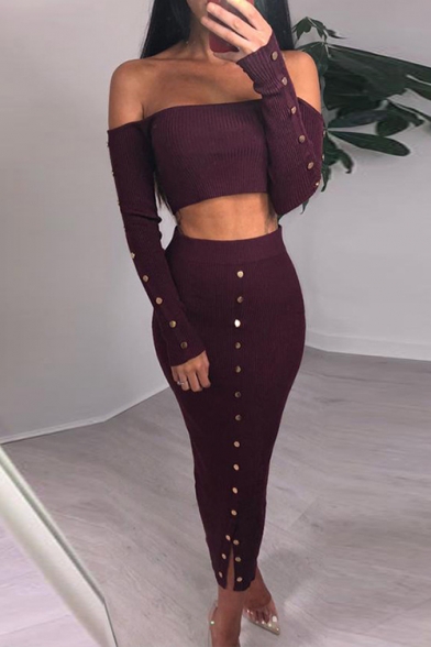 Sexy Long Sleeve Off The Should Cropped Top Midi Pencil Skirts Rivets Embellished Co-ords