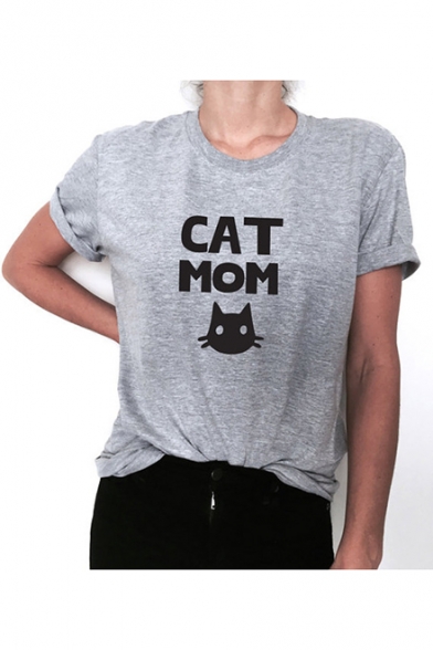 Short Sleeve Round Neck Letter CAT MOM Cartoon Cat Printed Casual Gray Tee