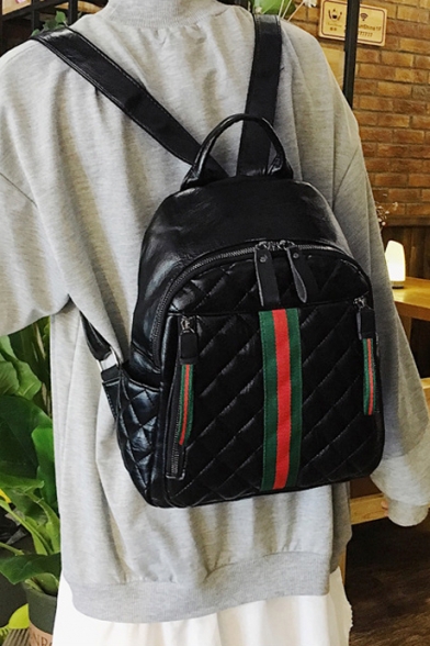 Simple Classic Red and Green Striped Dual-Access Zippers Black PU Backpack