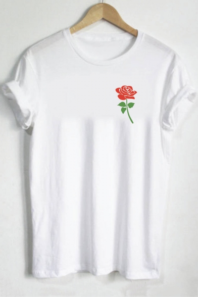 Simple Short Sleeve Round Neck Rose Floral Printed White Cotton Top