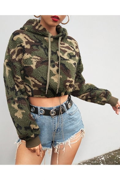 Stylish Long Sleeve Camouflage Printed Cropped Green Hoodie