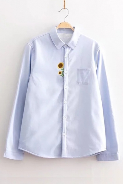 Sunflower Embroidered Lapel Collar Long Sleeve Fur Inside Button Down Shirt
