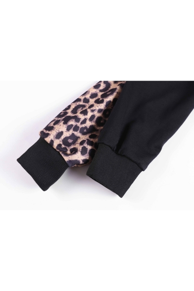 Unique Long Sleeve Leopard Patched Leisure Hip Hop Style Black Hoodie