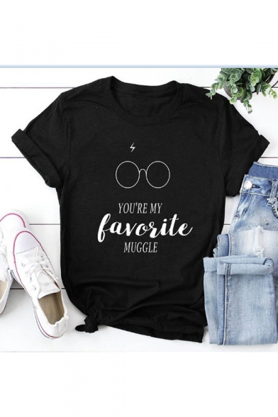 Unique Short Sleeve Round Neck Letter YOU'RE MY FAVORITE MUGGLE Printed Leisure Unisex Black Tee