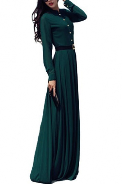 Vintage Green Stand Collar Long Sleeve Button Front Belted Waist Floor Length A-Line Dress