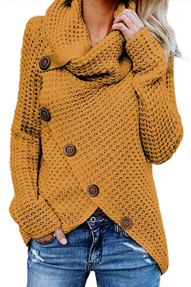 Warm Long Sleeve Cowl Neck Plain Button Embellished Asymmetrical Hem Loose Sweater
