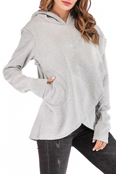 Women's Hot Fashion Long Sleeve Basic Solid Irregular Loose Fitted Hoodie