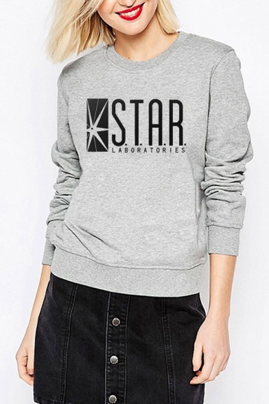 Women's Long Sleeve Letter STAR Printed Round Neck Sweatshirt
