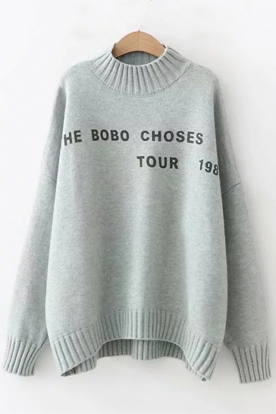 Basic Simple Letter Printed Mock Neck Long Sleeve Loose Fitted Sweater
