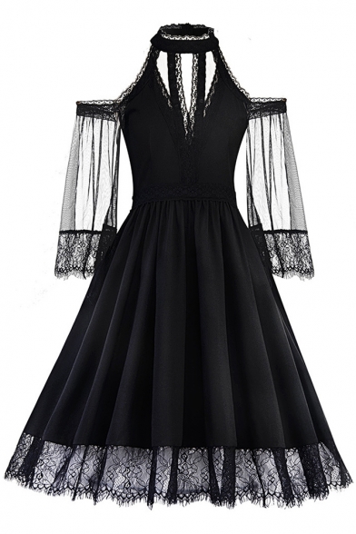 Classic Black V-Neck Cold Shoulder Chic Lace Trimmed Midi A-Line Pleated Party Dress
