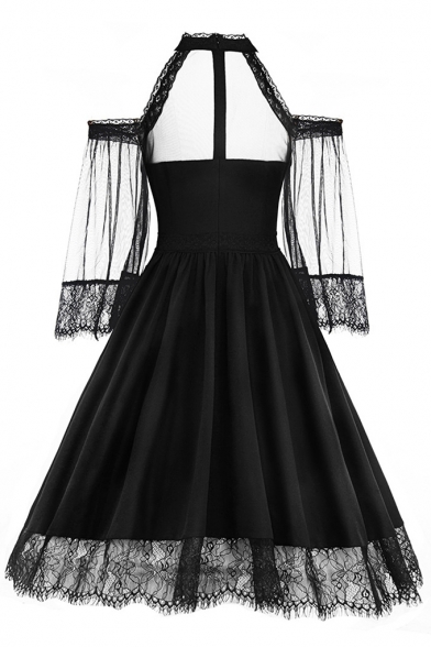 Classic Black V-Neck Cold Shoulder Chic Lace Trimmed Midi A-Line Pleated Party Dress