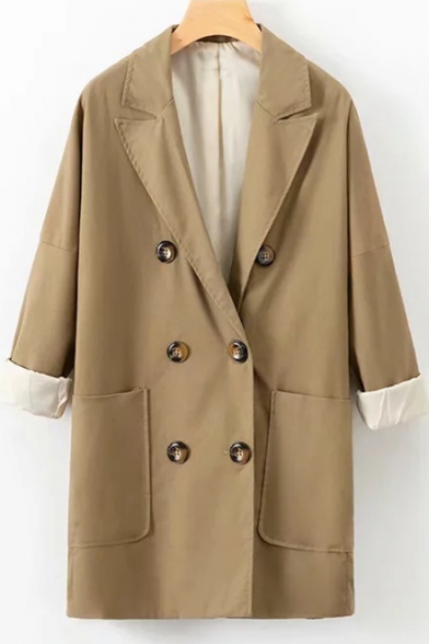 Classic Camel Notched Lapel Collar Long Sleeve Double-Breasted Longline Blazer Coat