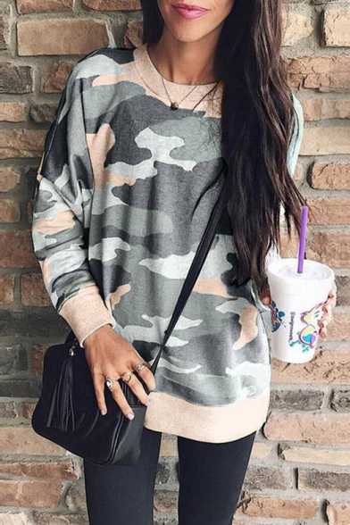 Classic Camouflage Pattern Round Neck Long Sleeve Casual Looose Sweatshirt
