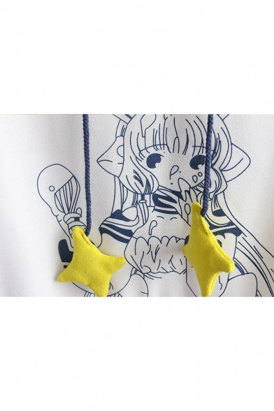 Colorblock Cartoon Figure Printed Star Ribbon Long Sleeve Leisure Hoodie