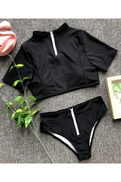 Cool Black Half-Zip Short Sleeve Cropped Top with High Waist Bottom Swimwear