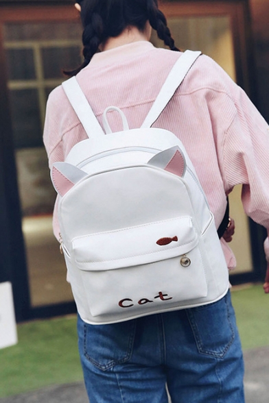 Cute Animal Ear Design Letter CAT Printed Leisure White Backpack Schoolbag