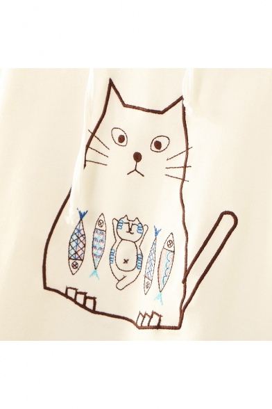 Cute Cat Kitty Fish Print Contrast Hood Long Sleeves Pullover Hoodie