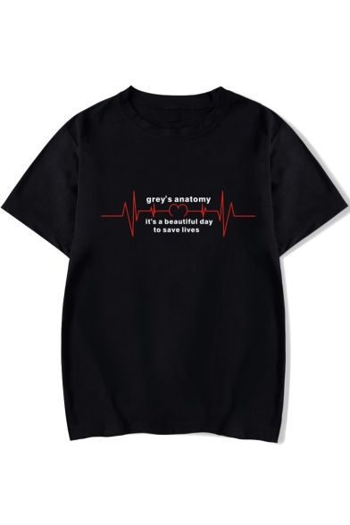 Electrocardiogram Letter Printed Short Sleeve Round Neck Tee