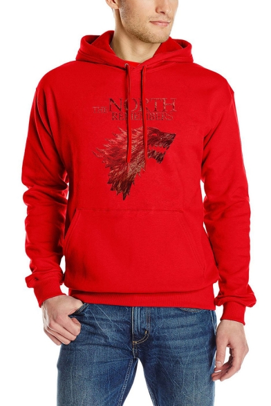 Fashion Wolf Head Letter Print Long Sleeve Casual Fitted Drawstring Hoodie