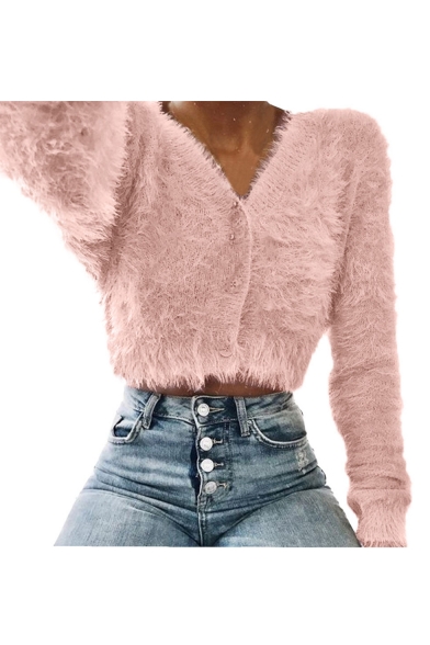 Hot Fashion Solid V-Neck Long Sleeve Button Front Cropped Knitted Fleece Cardigan