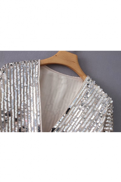 Hot Sexy Long Sleeve V Neck Sequined Embellished Silver Blouse Top