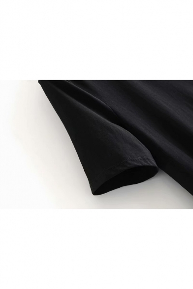 Hot Style Short Sleeve Round Neck Patched Shift Black Midi Dress