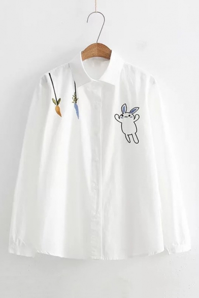Lovely Cartoon Rabbit Carrot Embroidered Long Sleeve Button Down White Shirt