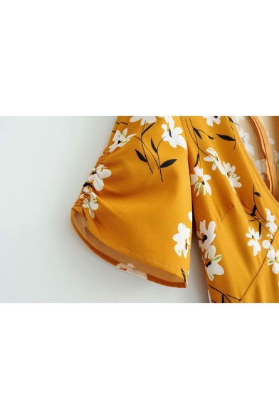 Lovely Short Sleeve V Neck Floral Printed Ruffle Hem Mini A-Line Yellow Dress