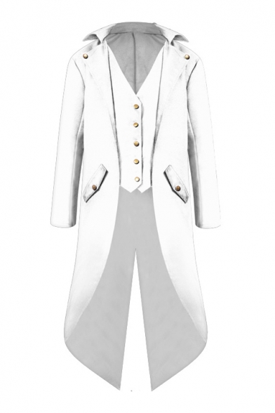 Men's Medieval Retro Solid Lapel Collar Long Sleeve Vest Patched Longline Tuxedo Coat