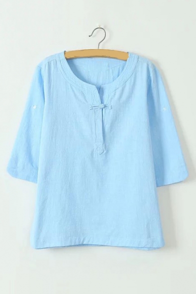 New Arrival Basic Solid Round Neck Three-Quarter Sleeve Linen Blouse