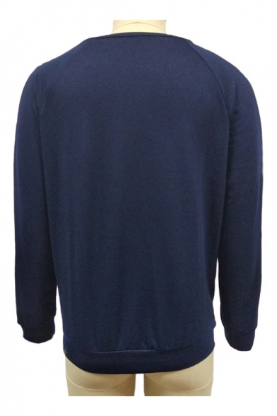 New Stylish Color Block Patchwork Long Sleeve Round Neck Navy Sweatshirt