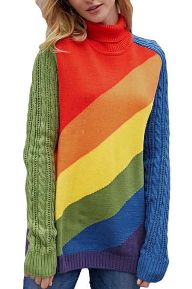 New Stylish Rainbow Striped Printed Turtleneck Long Sleeve Fitted Sweater
