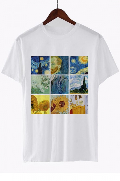 New Trendy Van Gogh Oil Painting Printed Short Sleeve Round Neck White T-Shirt