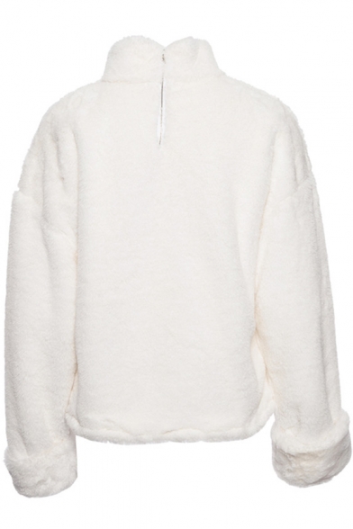 Plain Long Sleeve Warm High Neck Half-Zip Embellished Back White Sweater