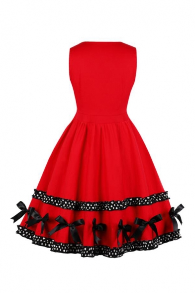 Retro Round Neck Sleeveless Button Front Bow-Tied Embellished Polka Dot Patched Midi Red Flared Dress