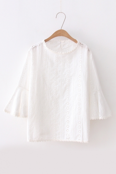 Round Neck Half-Sleeve Bell Sleeve Hollow Out Detail White Pullover Blouse
