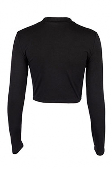 Stylish Letter PUNK Pattern Mock Neck Long Sleeve Black Slim Fitted Cropped T-Shirt