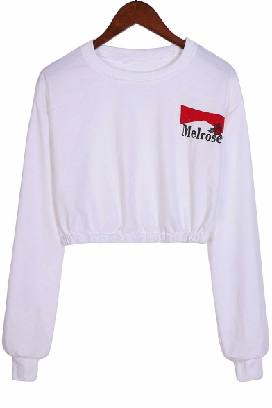 Stylish Long Sleeve Round Neck Letter MELROSE Printed Cropped Sweatshirt