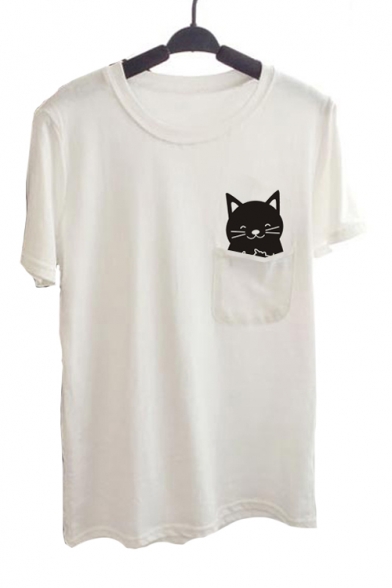 Summer's New Trendy Short Sleeve Round Neck Cartoon Cat Pocket Patched Loose White Cotton Top