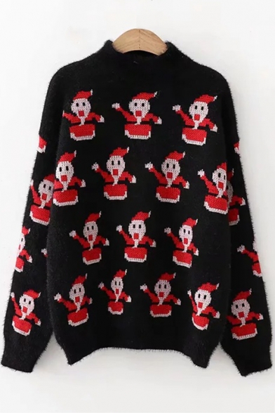 Sweet Cute All Over Cartoon Snowman Printed Long Sleeve Mock Neck Loose Knit Sweater