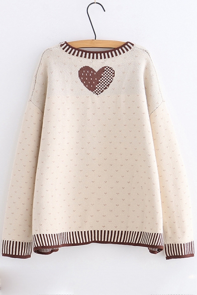 Sweet Letter Heart Jacquard Round Neck Long Sleeve Loose Fitted Sweater