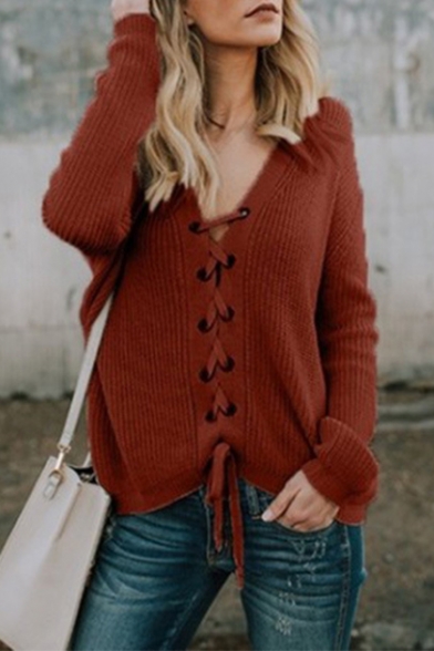 V Neck Long Sleeve Plain Lace Up Front Leisure Sweater