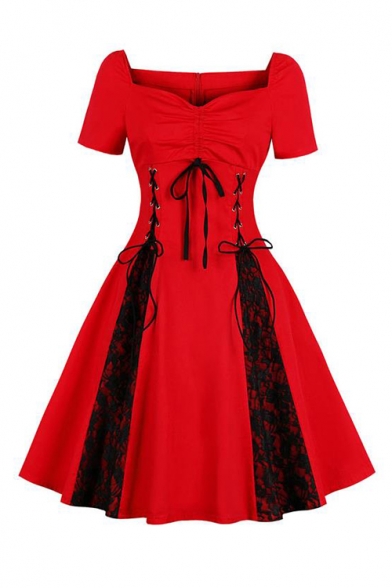 Vintage Square Neck Short Sleeve Bow-Tied Ruched Detail Lace-Up Gathered Waist Lace-Paneled Midi Fit and Flared Dress