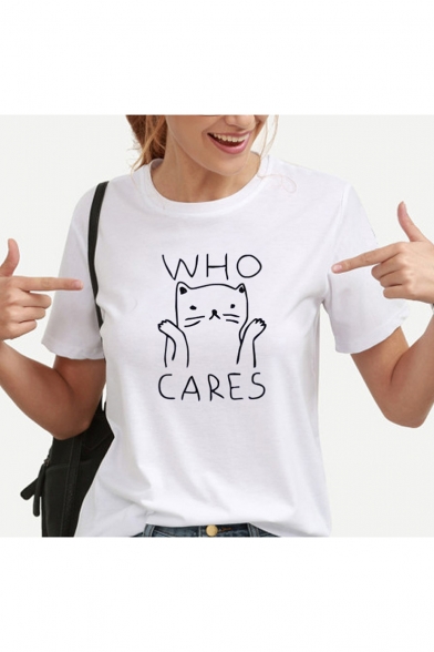 White Cotton Letter WHO CARES Cartoon Cat Printed Short Sleeve Round Neck Tee