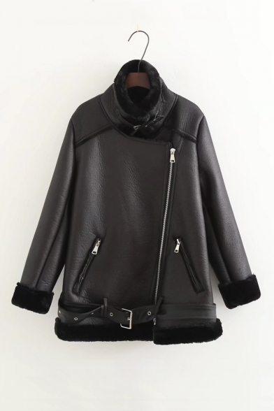 Winter's New Arrival Notched Lapel Collar Long Sleeve Belted Waist Zip Up Fur Inside Black PU Jacket