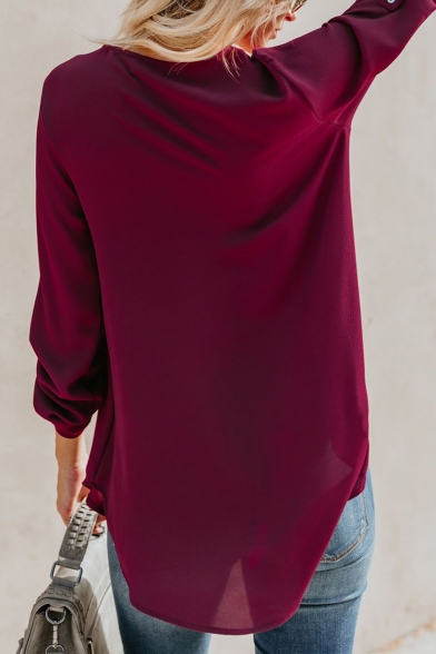 Basic Solid V-Neck Long Sleeve Loose Fitted Chiffon Blouse