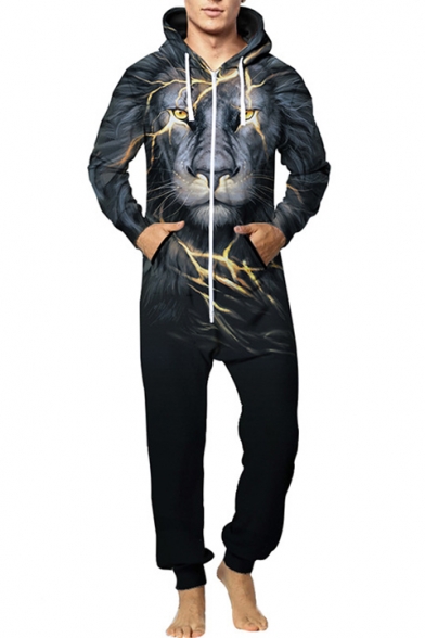 Black 3D Lightning Lion Pattern Hooded Long Sleeve Zip Closure Men's Jumpsuits