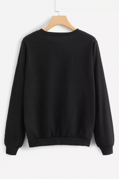 Black Simple Long Sleeve Letter HOW ABOUT NO Round Neck Loose Sweatshirt